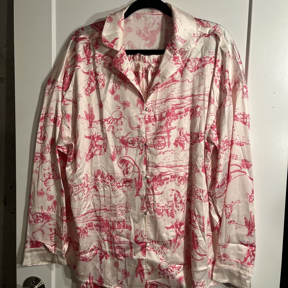 SHEIN Women Rodeo Pajama Set Pink Western Toile Long Sleeve XL